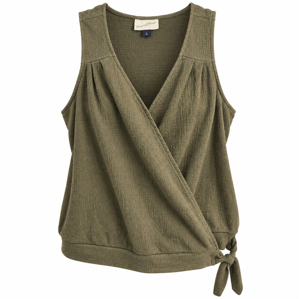 Universal Thread Wrap Top Women Large Olive Green Textured Sleeveless Side Tie